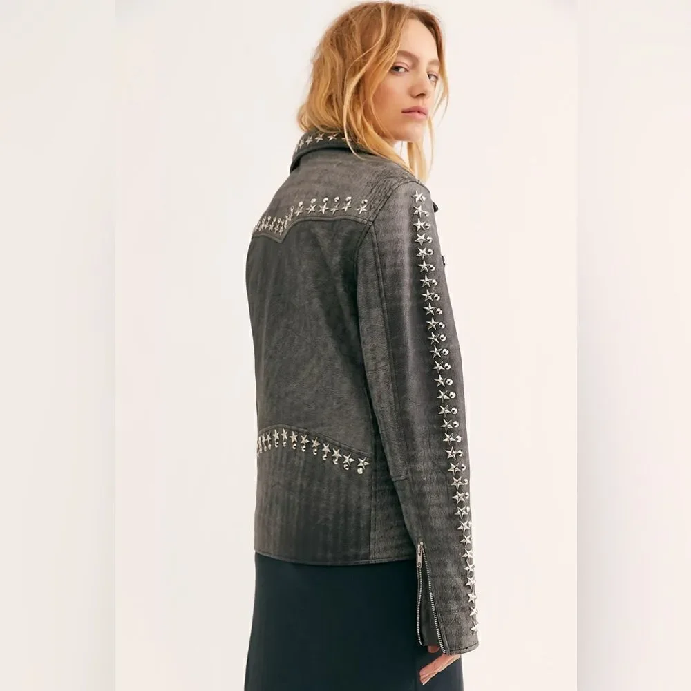 Free People x Understated Leather Star Studded Distressed Jacket - Picture 3 of 10